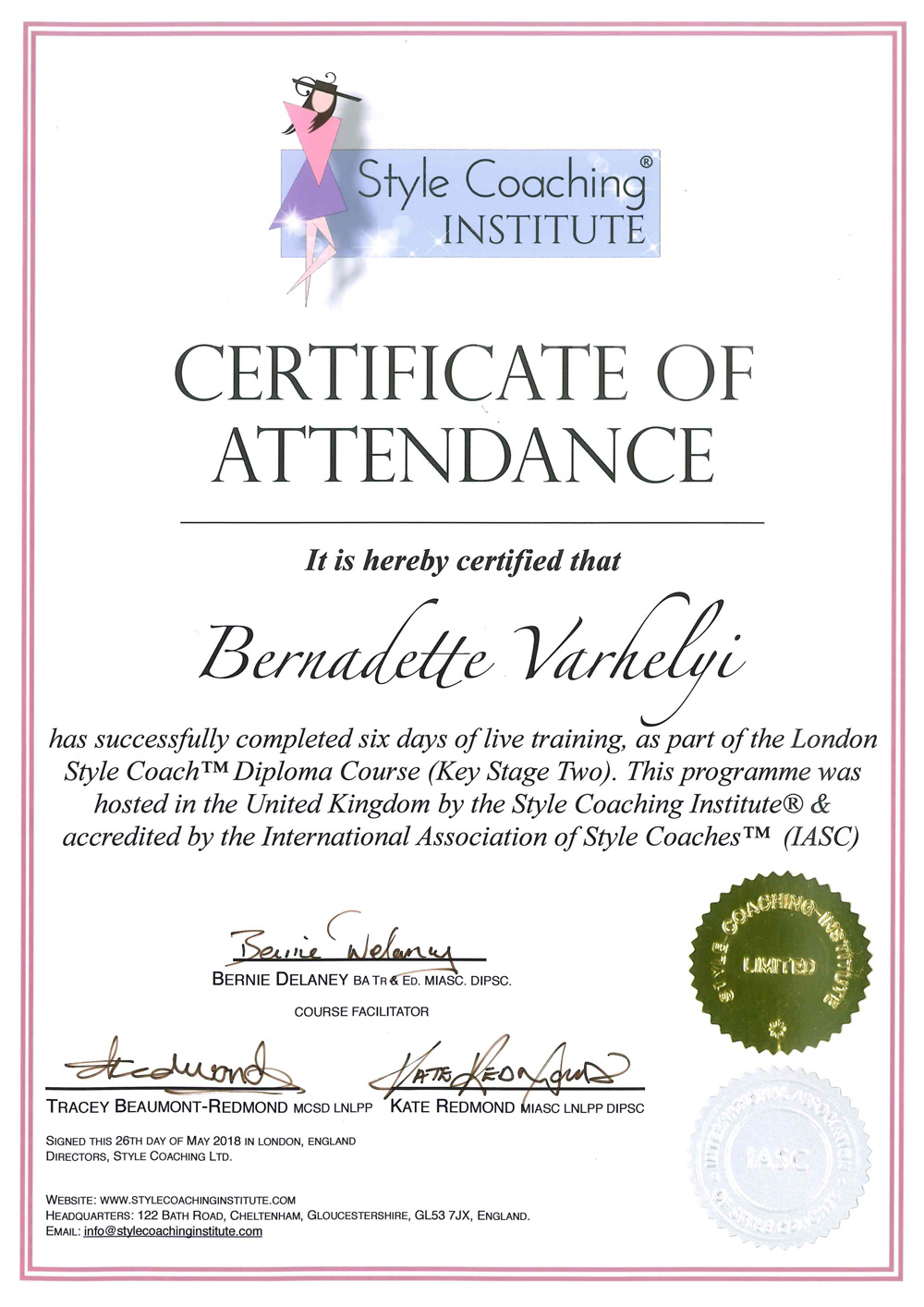 Style Coaching Institute Certificate